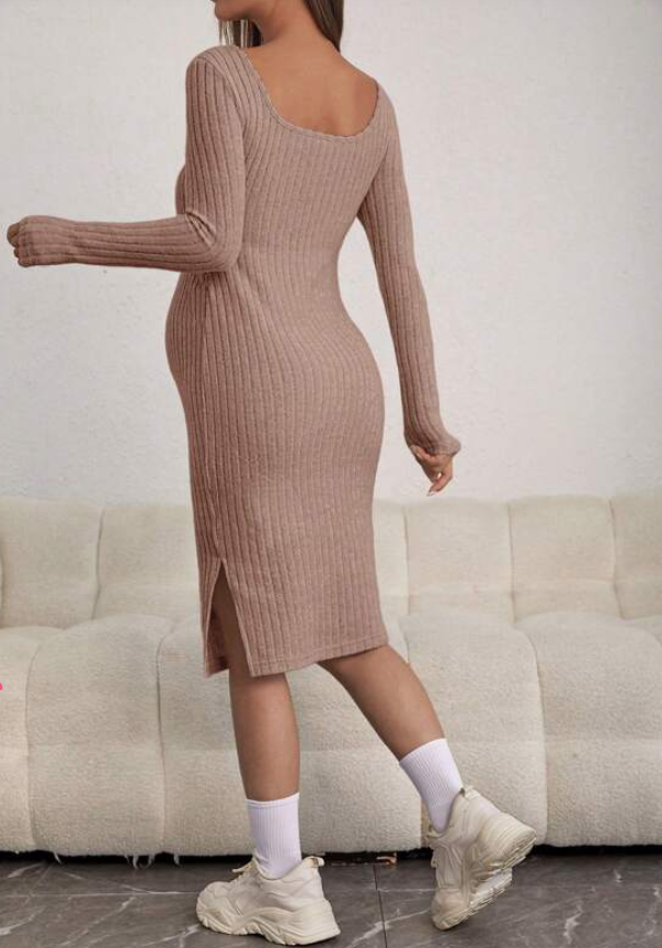 Khaki Long Sleeve Ribbed Maternity Dress