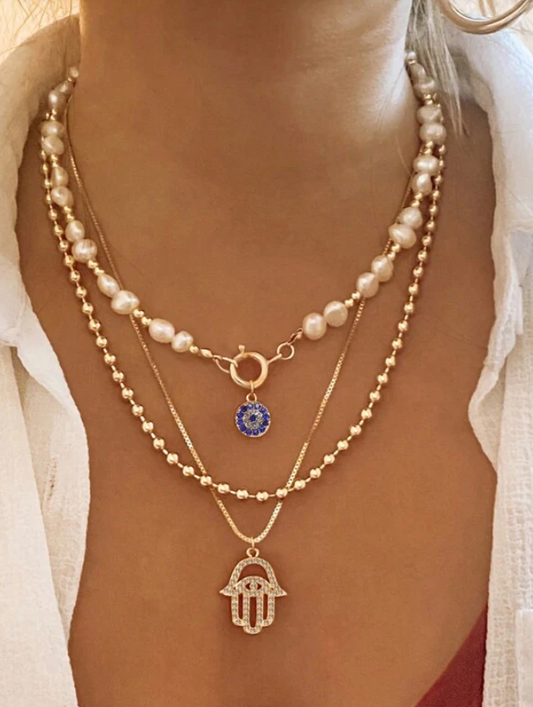 Gold Faux Pearl Hamsa & Evil Eye Necklace