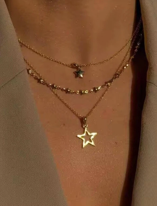 Gold 3 Layered Star Necklace