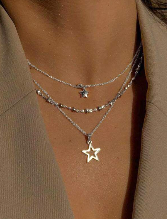 Silver 3 Layered Star Necklace