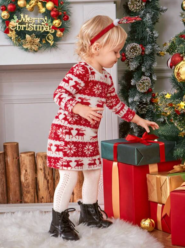 Children's Christmas Red & White Long Sleeve Dress