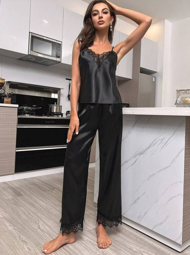 Black Satin Plunge Lace Pyjama Set