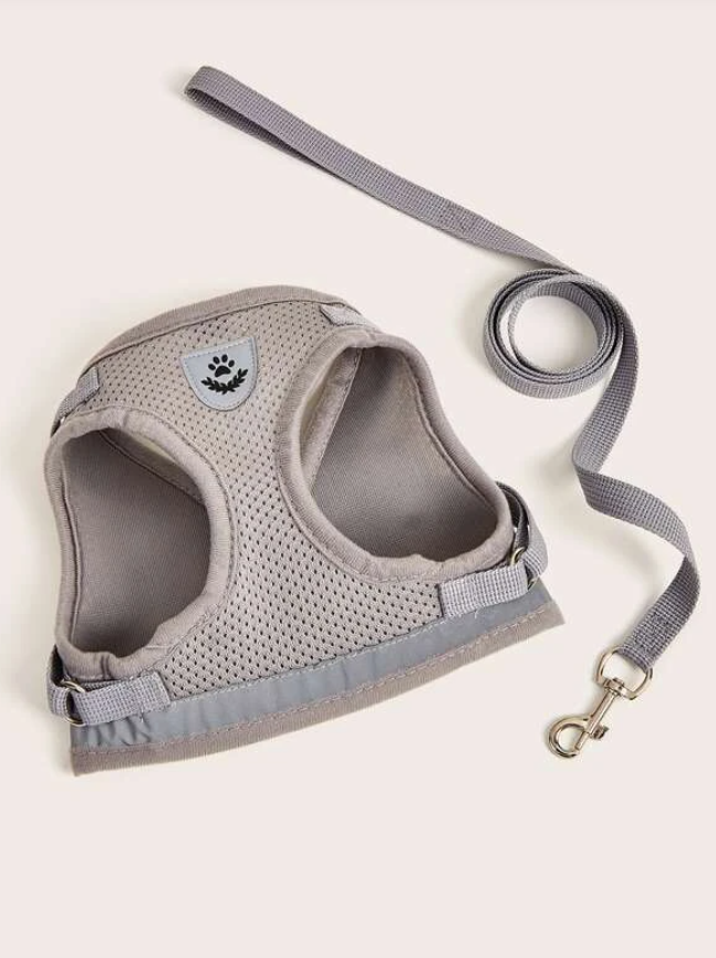 Grey Breathable Mesh Dog Harness & Leash Reflective Strip