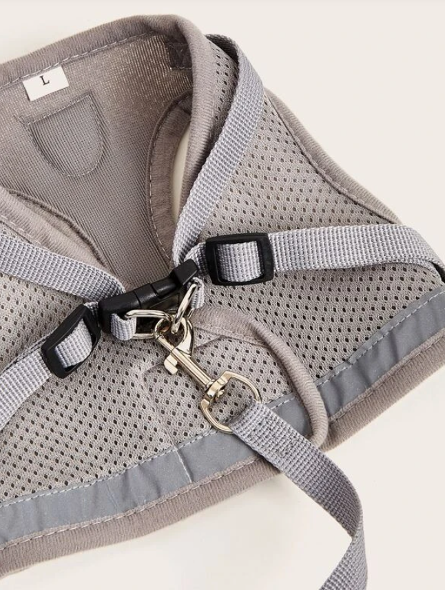 Grey Breathable Mesh Dog Harness & Leash Reflective Strip