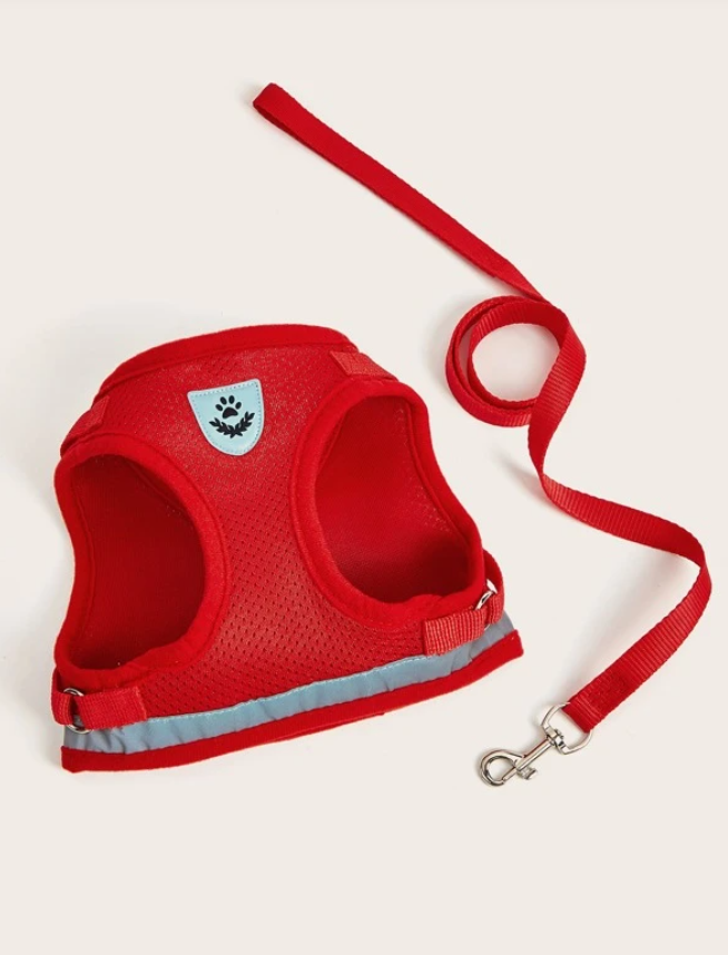 Red Breathable Mesh Dog Harness & Leash Reflective Strip