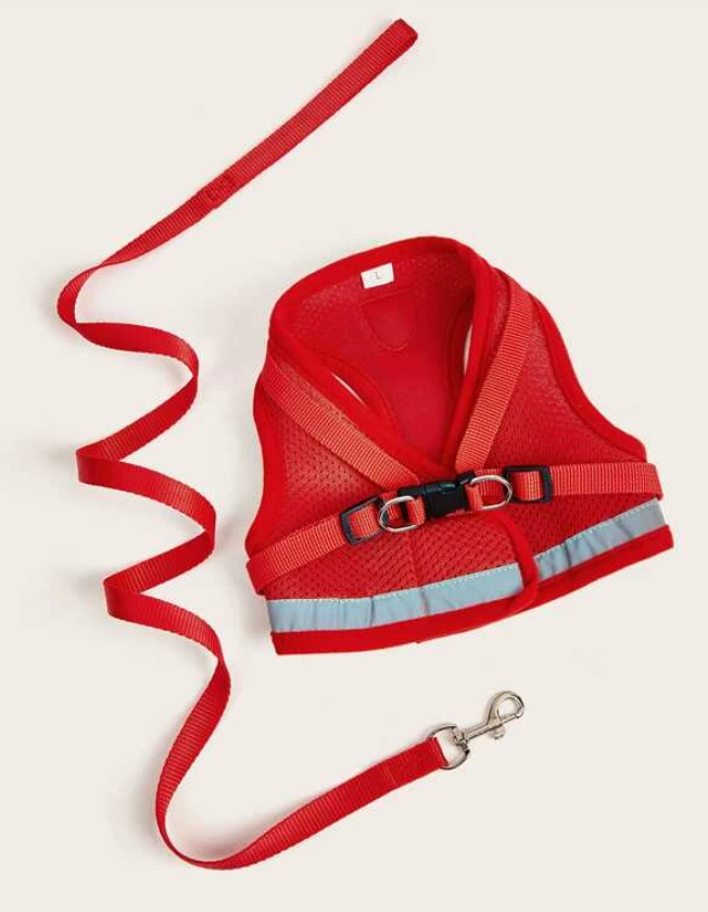 Red Breathable Mesh Dog Harness & Leash Reflective Strip