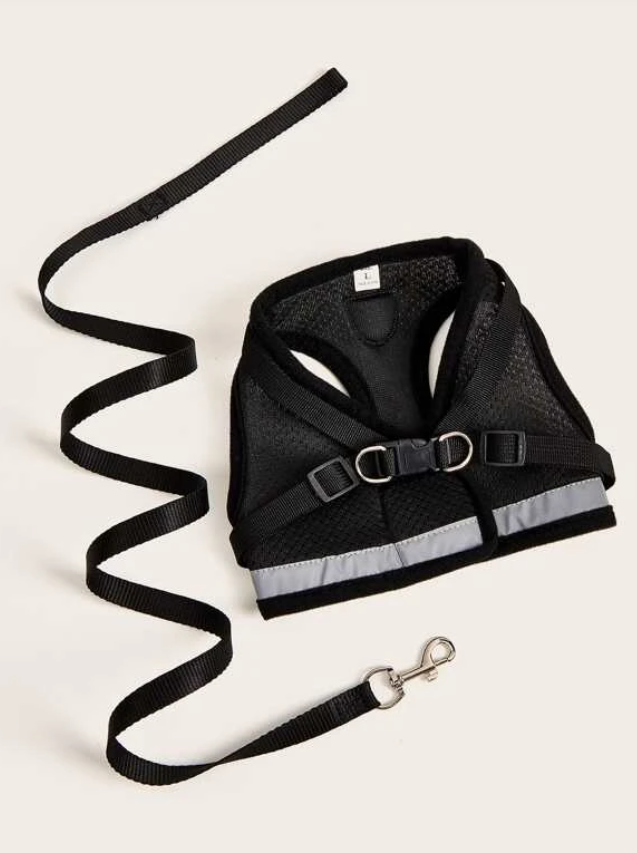 Black Breathable Mesh Dog Harness & Leash Reflective Strip