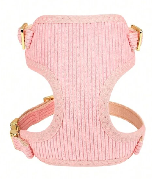Pink & Gold Velour Bow 3 Piece Pet Dog & Cat Harness, Collar & Leash Set
