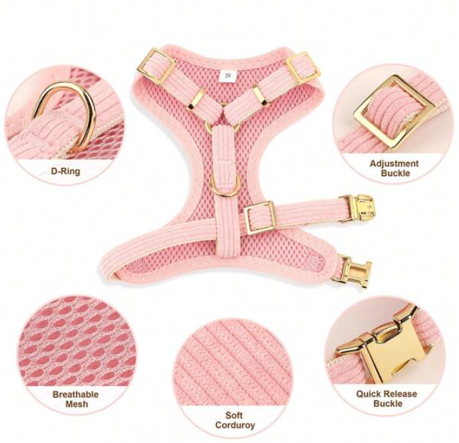 Pink & Gold Velour Bow 3 Piece Pet Dog & Cat Harness, Collar & Leash Set