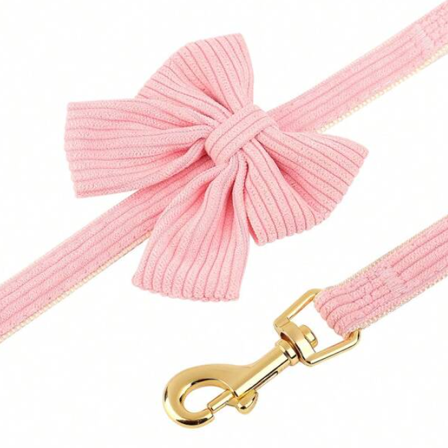 Pink & Gold Velour Bow 3 Piece Pet Dog & Cat Harness, Collar & Leash Set