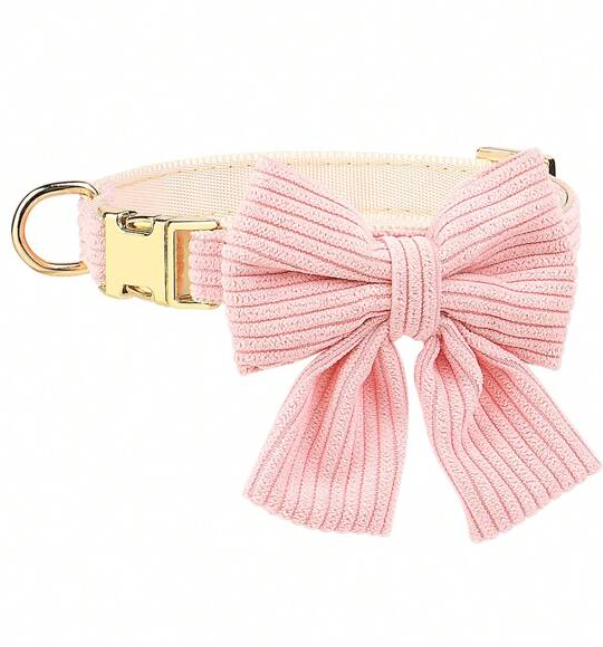 Pink & Gold Velour Bow 3 Piece Pet Dog & Cat Harness, Collar & Leash Set