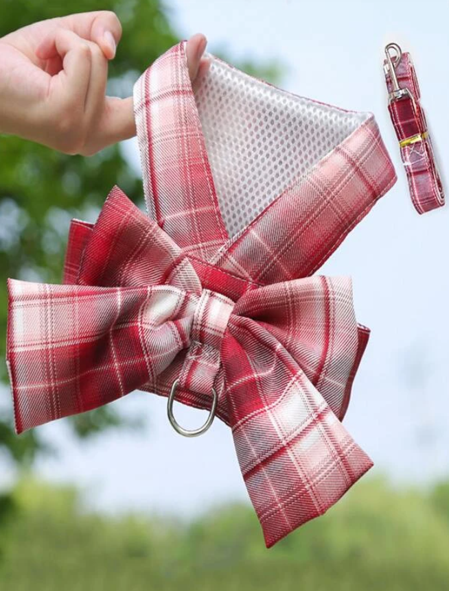 Red Plaid Checked Bow Pet Dog & Cat Harness & Leash Set