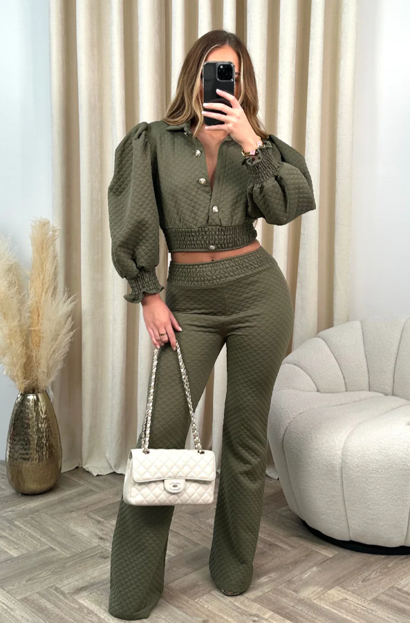 Khaki Quilted Button Up Shirt & Pants Co-Ord