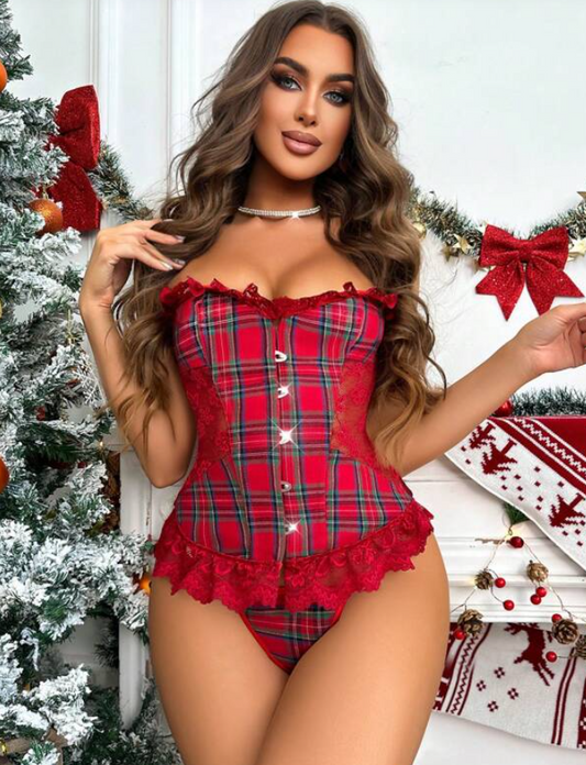 Red Tartan Lace Up Corset Set