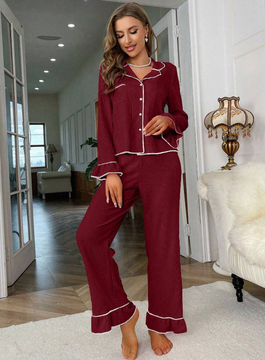 Burgundy Red Frill Detail Long Sleeve Pyjama Set