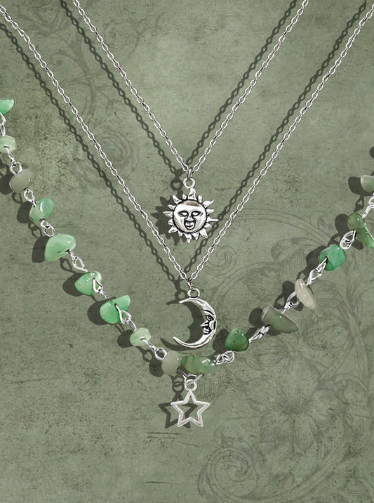 Green & Silver Sun, Moon & Star 3 Piece Necklace