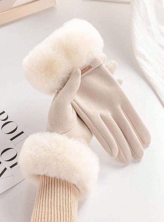 Beige Fur Trim Easy Phone Use Gloves