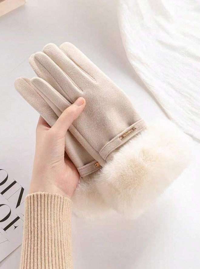 Beige Fur Trim Easy Phone Use Gloves