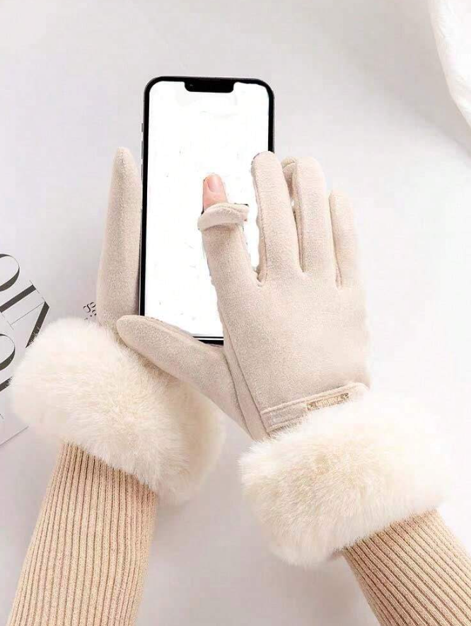 Beige Fur Trim Easy Phone Use Gloves