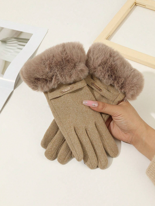 Khaki Fur Trim Easy Phone Use Gloves