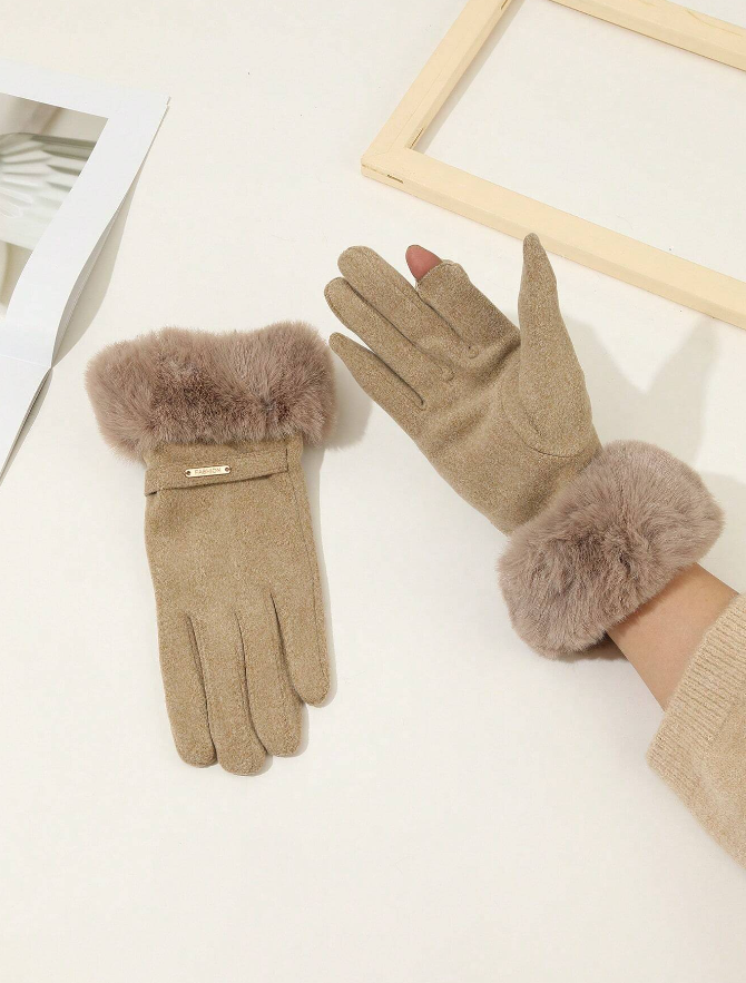 Khaki Fur Trim Easy Phone Use Gloves