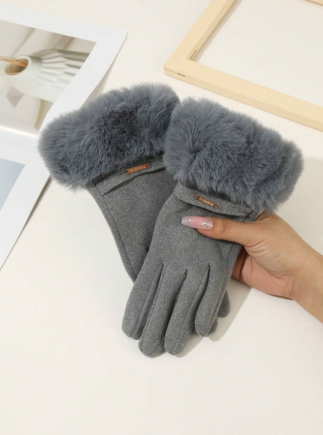 Grey Fur Trim Easy Phone Use Gloves