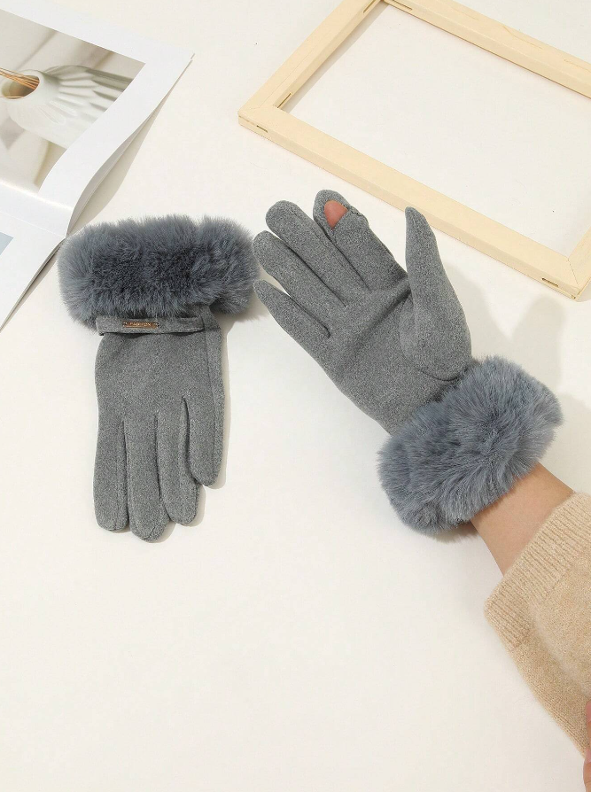 Grey Fur Trim Easy Phone Use Gloves