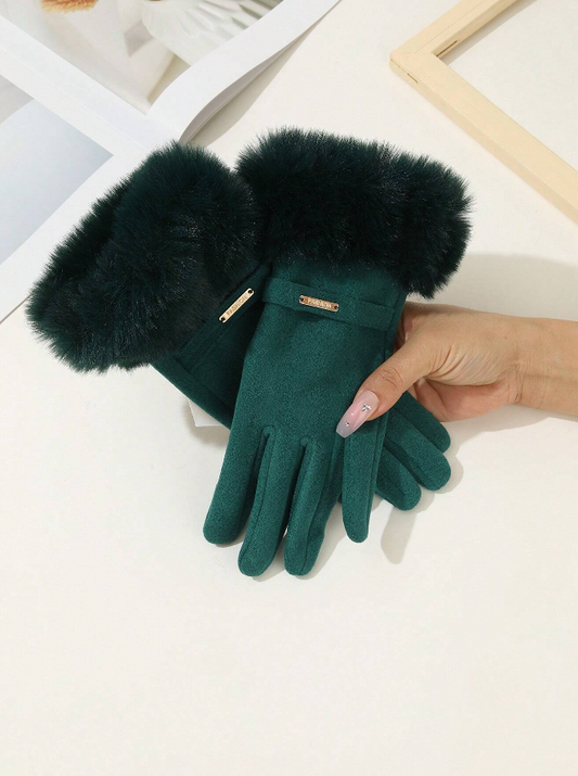 Green Fur Trim Easy Phone Use Gloves