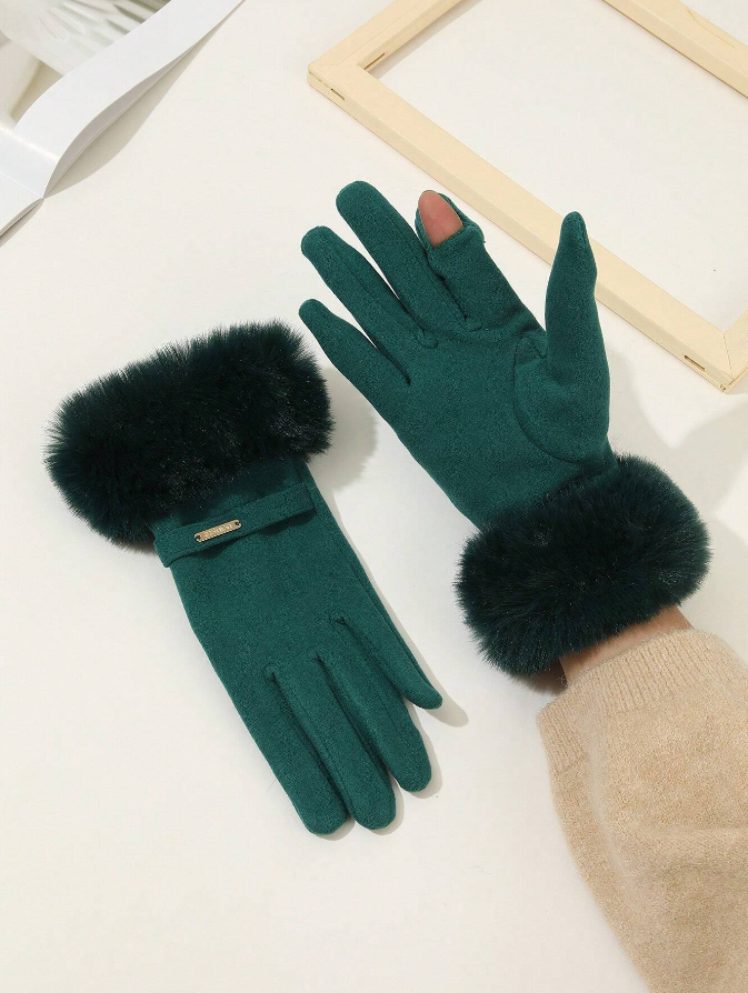 Green Fur Trim Easy Phone Use Gloves