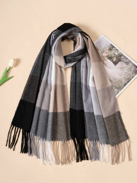 Black & Grey Plaid Fringed Scarf