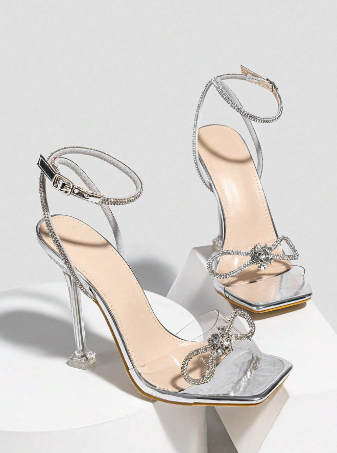 Silver Crystal Bow Transparent Square Toe Heels