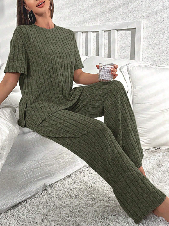 Khaki Green Short Sleeve Loungewear Set