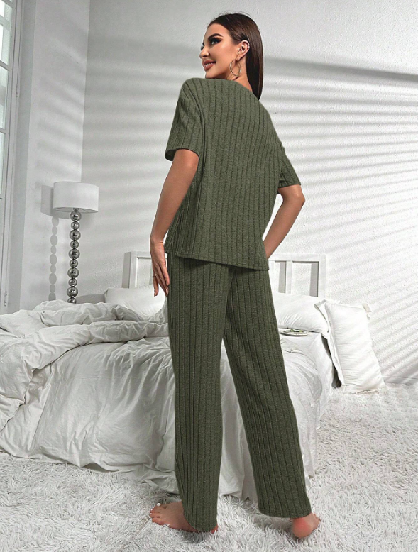 Khaki Green Short Sleeve Loungewear Set