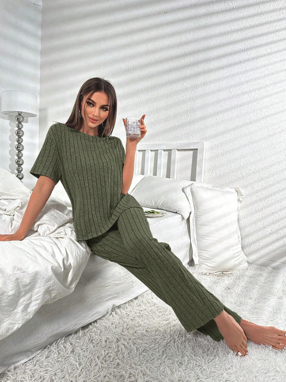 Khaki Green Short Sleeve Loungewear Set