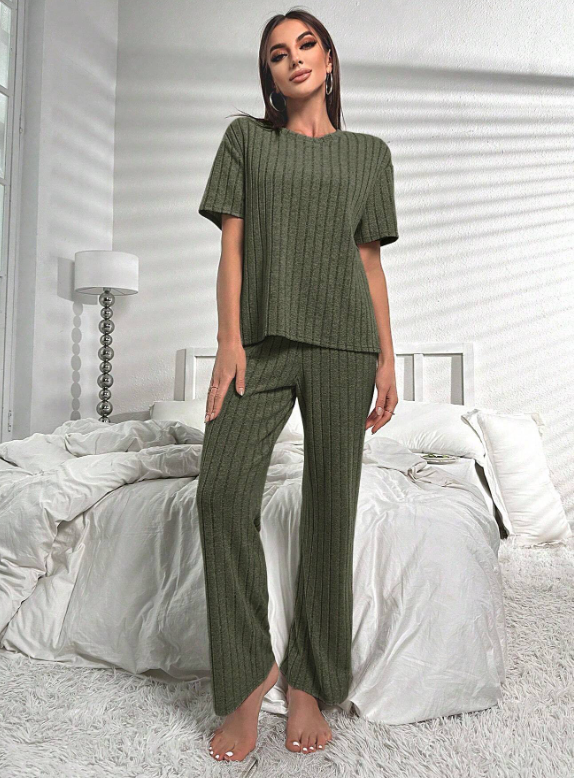 Khaki Green Short Sleeve Loungewear Set