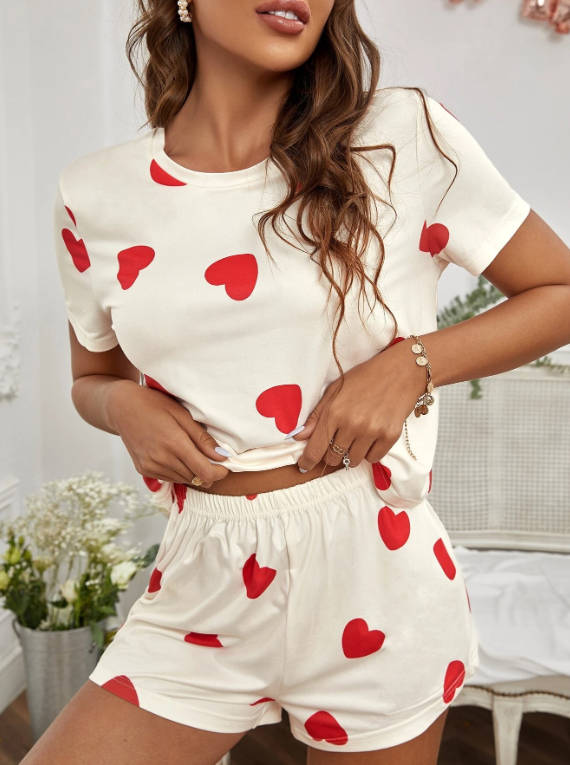 White & Red Heart Short Pyjamas