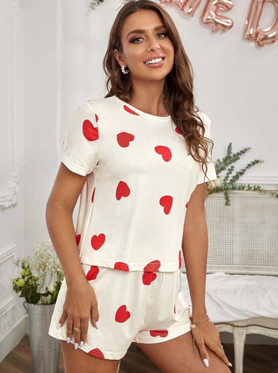 White & Red Heart Short Pyjamas