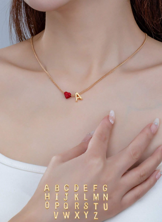 Red Crystal Heart & Initial Gold Necklace