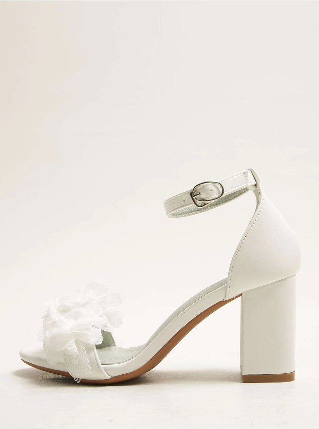 White Chiffon Floral Chunky High Heels