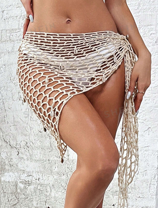 Beige Crochet Shell Mini Sarong