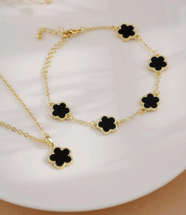 Gold & Black Flower Bracelet & Necklace Set