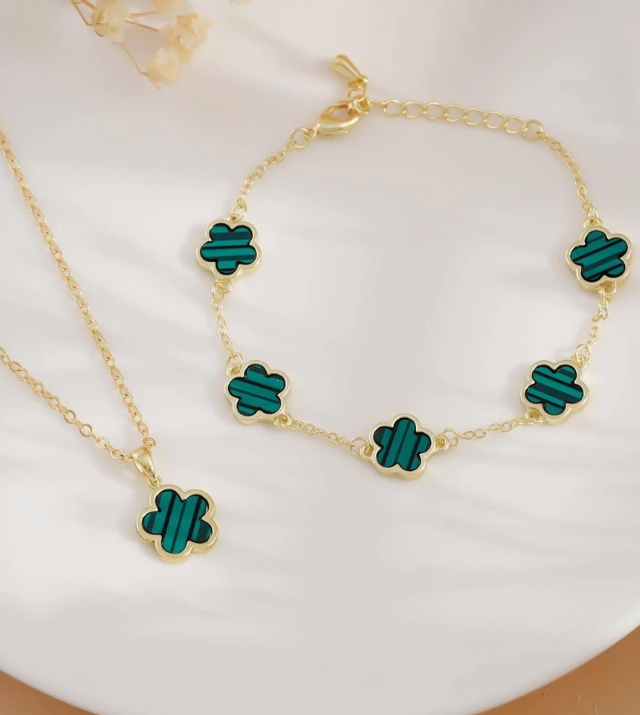 Gold & Green Flower Bracelet & Necklace Set