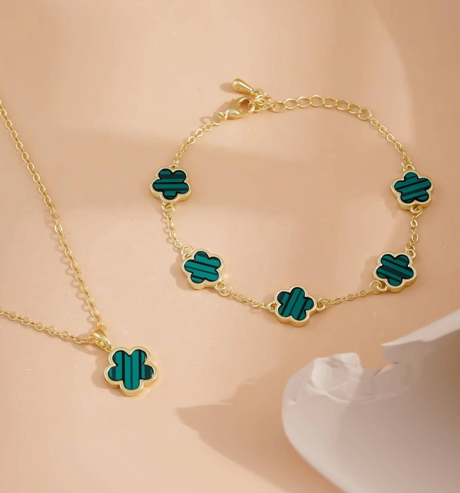 Gold & Green Flower Bracelet & Necklace Set