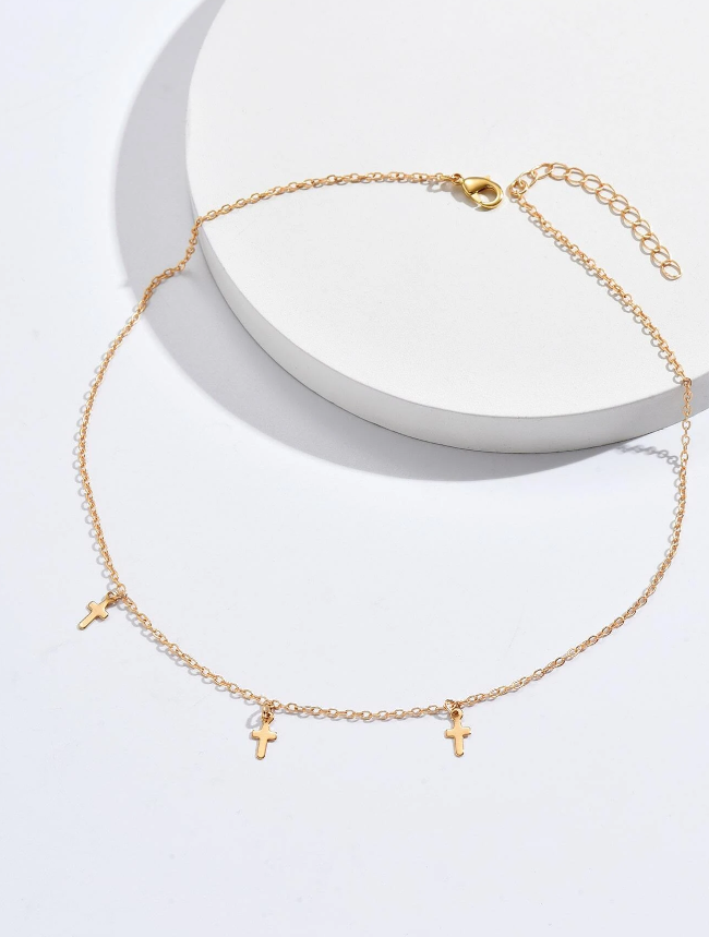 Gold Cross Charm Choker Necklace