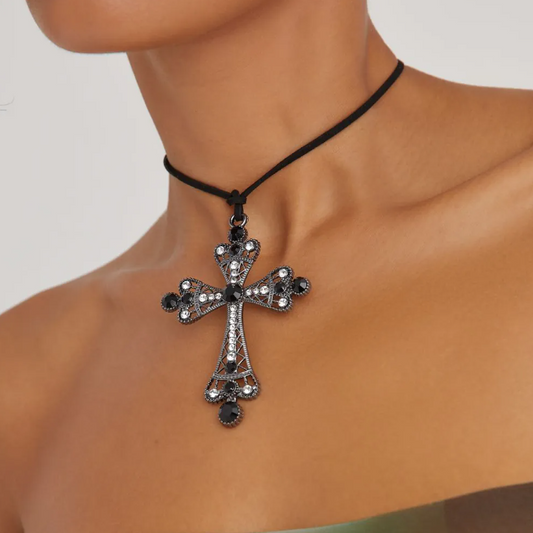 Tie Detail Crucifix Necklace In Black