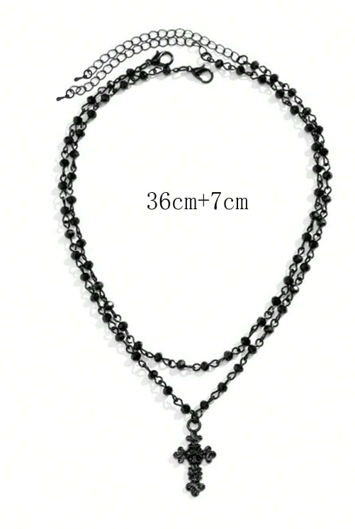 Black Crucifix Double Beaded Necklace