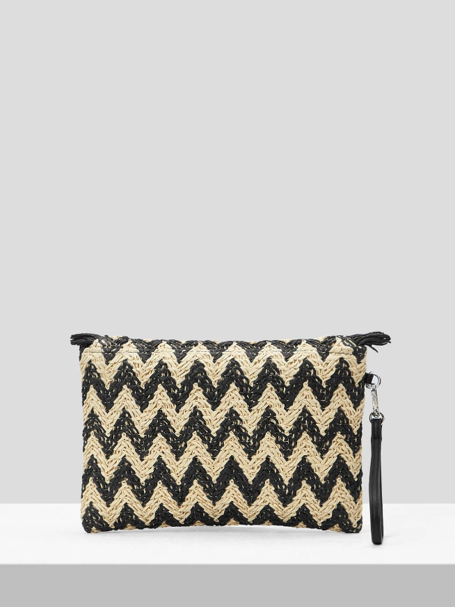 Black Zigzag Straw Clutch Bag