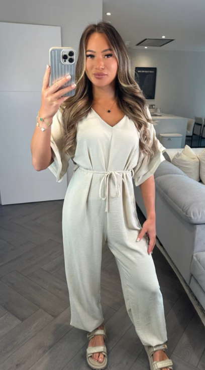 Beige Frill Sleeve Jumpsuit