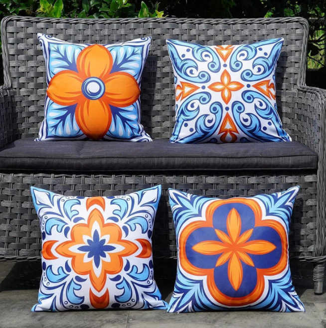 Orange & Blue Outdoor Waterproof Pillow Cushion Covers 4pk