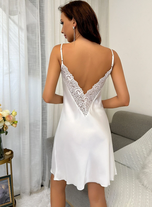 White Lace Back Satin Night Dress